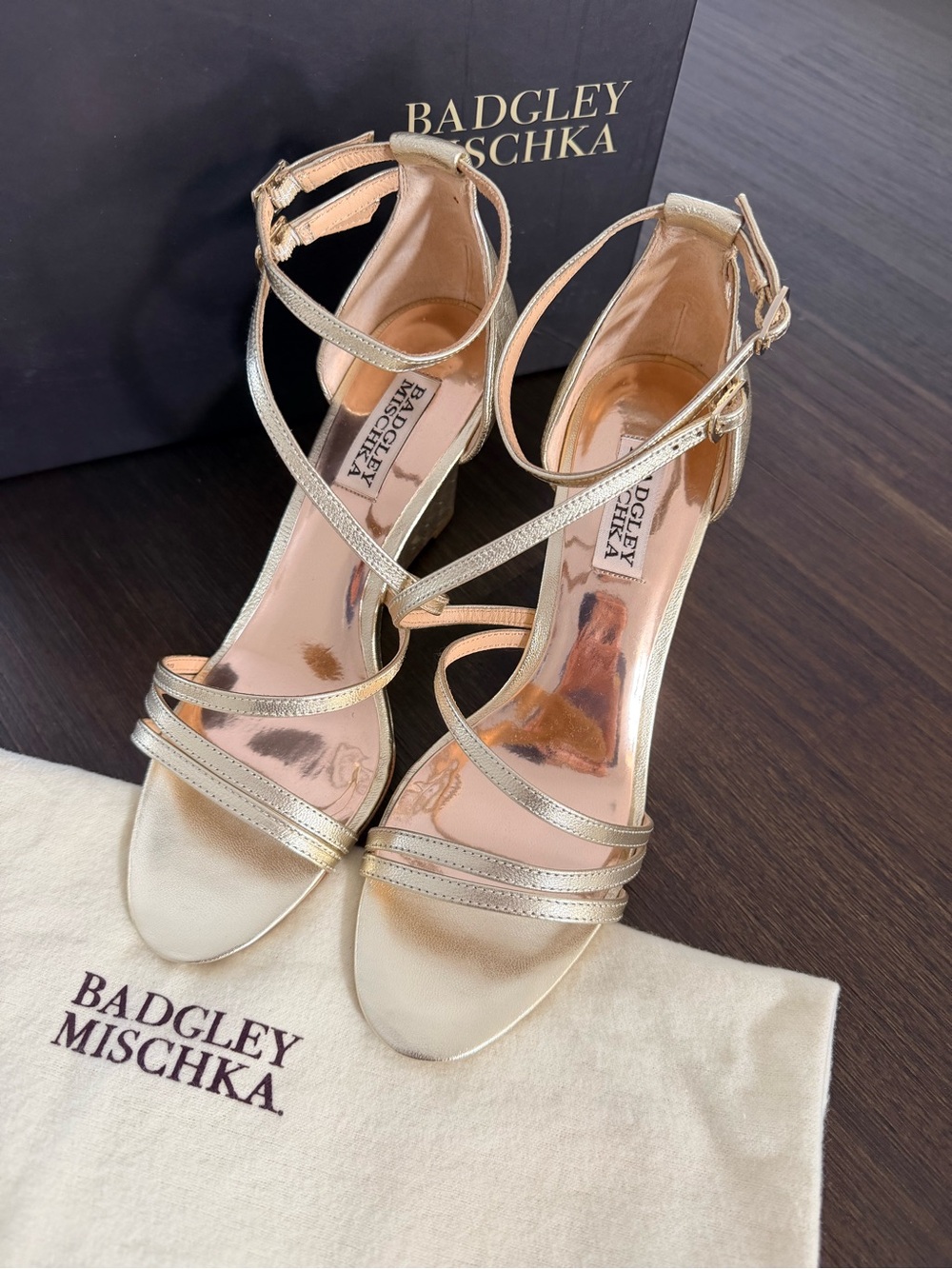Badgley Mischka Metallic Gold Strappy Ankle-Heel Sandals